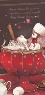 Fantasy art of a girl soaking in a red tea cup with steaming drink.