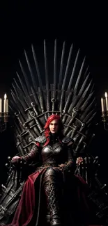 Red-haired warrior on a throne with candles in a dark, fantasy-themed scene.