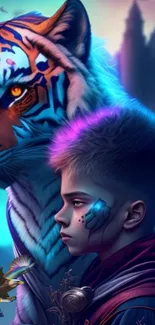 Fantasy wallpaper featuring a tiger and a boy in a vibrant setting.