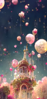 Whimsical tower with flowers and pink bubbles.