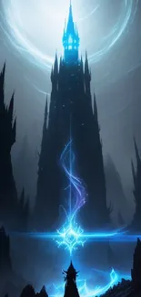 Fantasy tower with a wizard in a mystical blue glow.