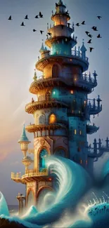 Fantasy tower rising from ocean waves with birds against a serene sky backdrop.