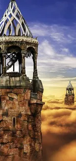 Fantasy tower above clouds with a vibrant sky backdrop.