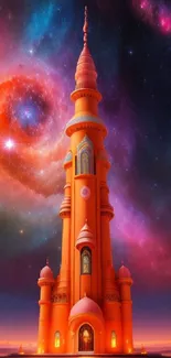 Orange fantasy tower under a starry cosmic sky.