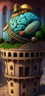 Fantasy tower with blue dome and greenery on a city skyline.