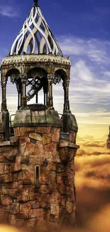 Fantasy towers rise above golden clouds in a serene, mystical landscape wallpaper.