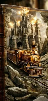 Fantasy train emerging from a castle wall art