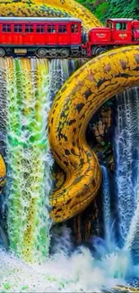 Fantastical scene of a giant snake and red train over a waterfall.