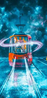 Fantasy tram in vibrant cosmic night scene with surreal glowing colors.