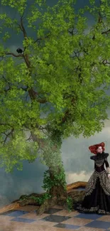 Fantasy wallpaper with tree and lady in black dress on a wood platform.