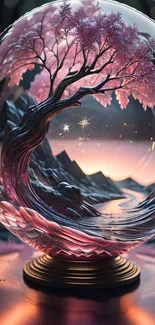 Pink tree inside a crystal ball, fantasy mobile wallpaper art.