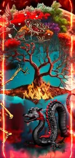 Fantasy artwork featuring a dragon, tree, and skeleton in a fiery composition.