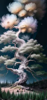 Fantasy tree with swirling clouds under a dark night sky.