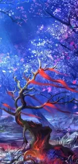 Fantasy tree with ribbons under starlit sky, in a mystical forest setting.