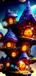 Fantasy treehouse with glowing windows set in a cosmic galaxy scene.