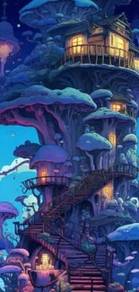 Magical treehouse set against a night sky in fantasy art style.