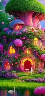 A vibrant fantasy treehouse with pink flowers and lush greenery.