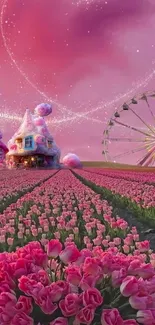 Dreamy pink tulip landscape with fairytale houses and Ferris wheel.