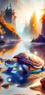 Fantasy turtle in a magical, colorful landscape by a serene stream.