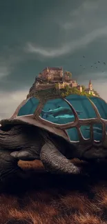 Fantasy turtle carrying a castle through grasslands.