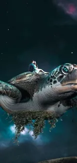 Fantasy artwork of a turtle flying in a starry night sky.