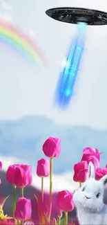 UFO hovering over tulips with rainbow and rabbit.