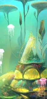 Fantasy underwater world with jellyfish and glowing structures.