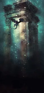 Fantasy wallpaper of an underwater scene with a dragon and ancient ruins.