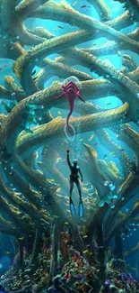 Diver reaching up in a fantastical underwater world with vibrant colors and mystical creatures.