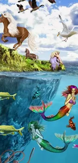 Colorful fantasy wallpaper with mermaids and nature elements.