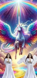 Vibrant unicorn with rainbow wings and angels