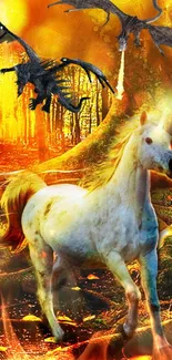 Fantasy wallpaper featuring a unicorn and dragons in a vibrant forest setting.