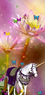 A fantasy scene with a unicorn and pink lotus flowers.