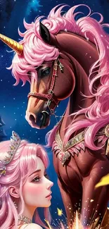 Fantasy wallpaper of a pink-maned unicorn and princess under a starry night sky.