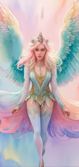 Unicorn angel with rainbow wings in ethereal fantasy art.