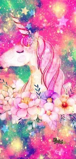 Fantasy unicorn with floral accents and a starry background.