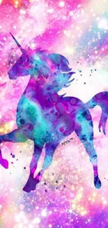 Colorful unicorn silhouette on galaxy background.