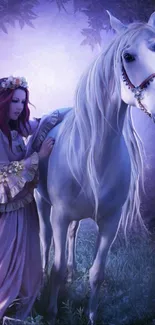 Enchanting unicorn with woman in a lavender forest wallpaper.