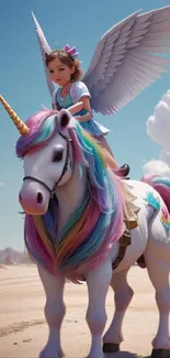 Girl riding a winged unicorn with rainbow mane under a blue sky.