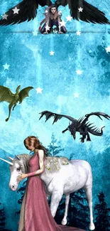 Fantasy wallpaper with unicorn and dragons under a blue moonlit sky.