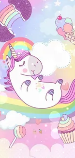 Whimsical unicorn with pastels, rainbows, and clouds on a phone wallpaper.