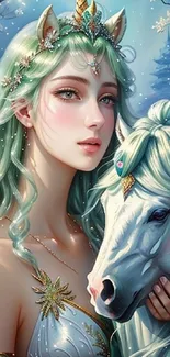 Fantasy art of princess with unicorn in a mystical forest setting.