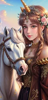 Fantasy art of a unicorn and princess with a castle in the background.