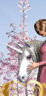 Fantasy wallpaper with princess, unicorn, and cherry blossoms.