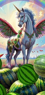 A majestic unicorn with wings among watermelons under a rainbow-filled sky.