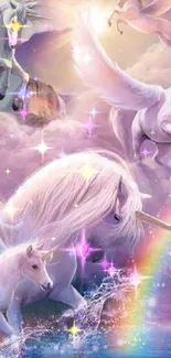 Magical unicorns and vibrant rainbow in a fantasy setting.