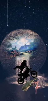 Fantasy mobile wallpaper with mythical and nature elements, featuring a motorbike silhouette.