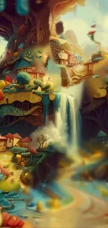 Whimsical fantasy village with waterfalls and vibrant colors.