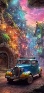 A vintage car in a colorful fantasy village at twilight.