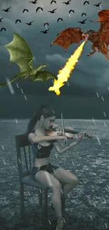 A fantasy scene with a violinist and dragons in a stormy backdrop.